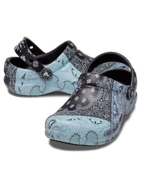 Slip-On Crocs Clog in Black and Light Blue/Gray Paisley Bandana